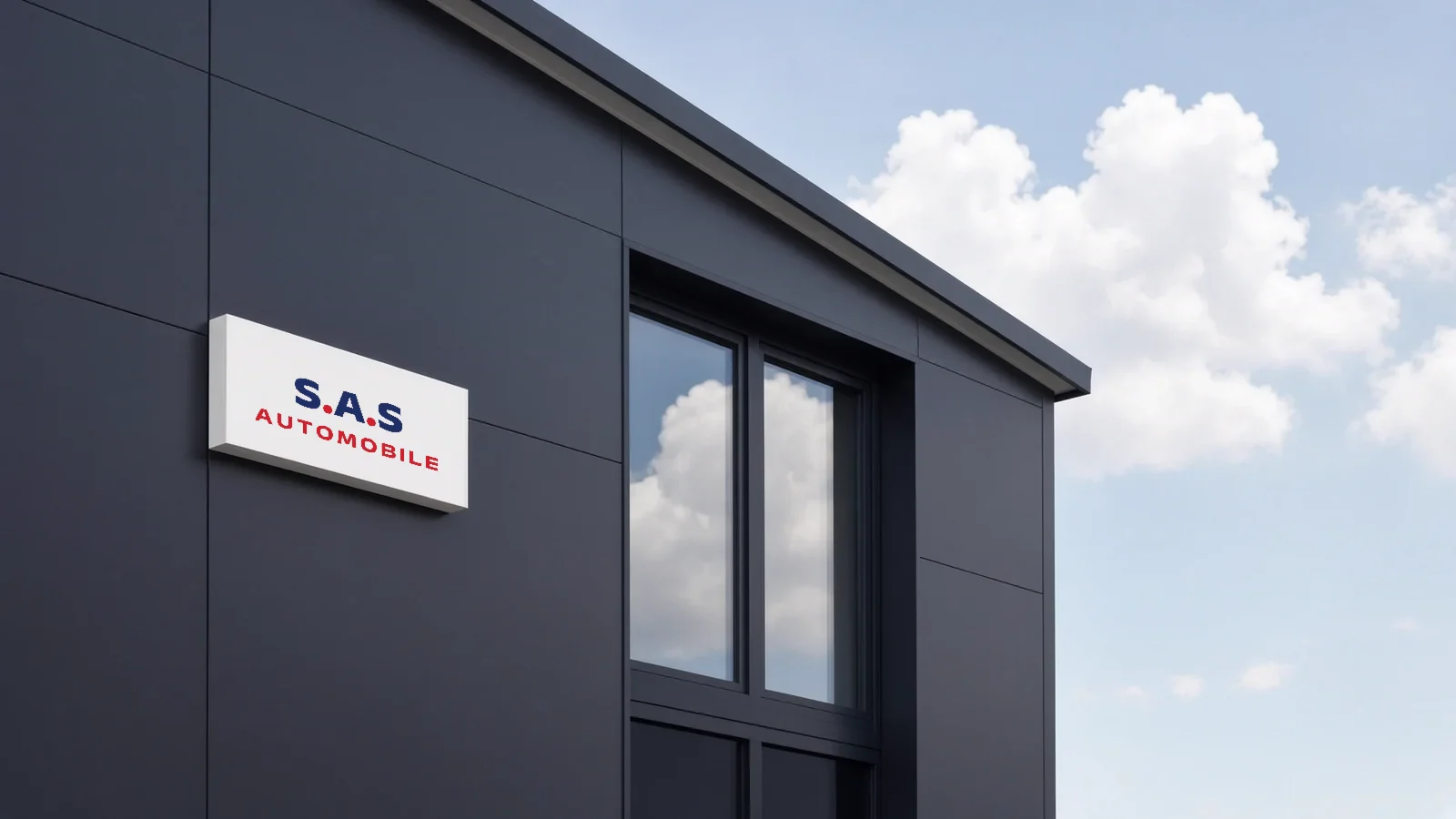 Anthrazitgraue Fassade mit Fenster und dem Schild „S.A.S Automobile“ unter hellem Wolkenhimmel